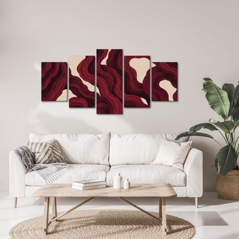 5-TEILIGES WANDBILD ABSTRAKTE WELLEN IN BORDEAUXROT - WANDBILDER ABSTRAKTE FORMEN - BILDER