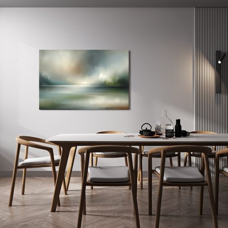 WANDBILD NEBLIGES PANORAMA MIT WASSERFLÄCHE - ABSTRAKTE BILDER - BILDER