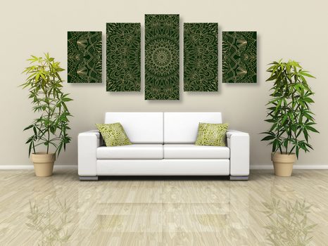 5-DÍLNÝ OBRAZ DETAILNÍ OZDOBNÁ MANDALA V ZELENÉ BARVĚ - OBRAZY FENG SHUI - OBRAZY