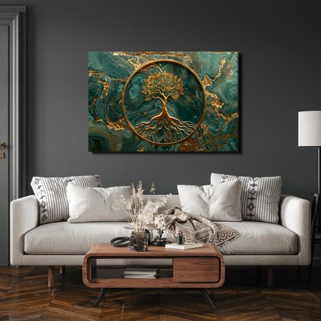 SLIKA ZLATNO STABLO ŽIVOTA NA SMARAGDNOJ POZADINI - SLIKE STABLA ŽIVOTA - SLIKE