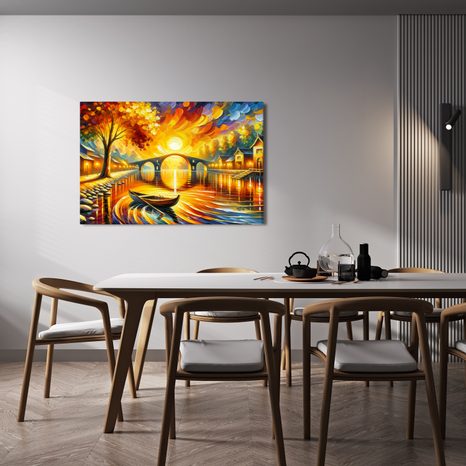 WANDBILD HERBSTLANDSCHAFT MIT BOOT - BILDER VON SONNENAUFGANG UND SONNENUNTERGANG - BILDER