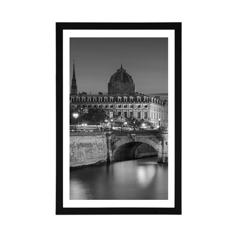 POSTER MIT PASSEPARTOUT ERSTAUNLICHES PANORAMA VON PARIS IN SCHWARZ-WEISS - SCHWARZ-WEISS - POSTER