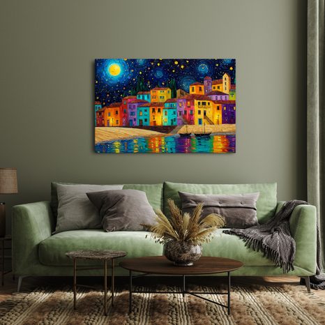 OBRAZ BAREVNÁ NOC NAD MĚSTEM - BAREVNÉ DOMY - OBRAZY