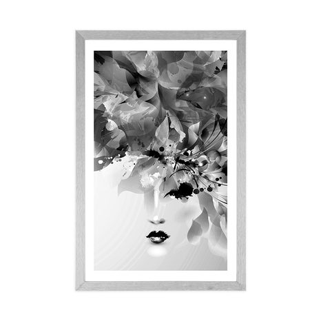 PLAKÁT S PASPARTOU MÓDNÍ ŽENSKÁ TVÁŘ S ABSTRAKTNÍMI PRVKY V ČERNOBÍLÉM PROVEDENÍ - ČERNOBÍLÉ - PLAKÁTY