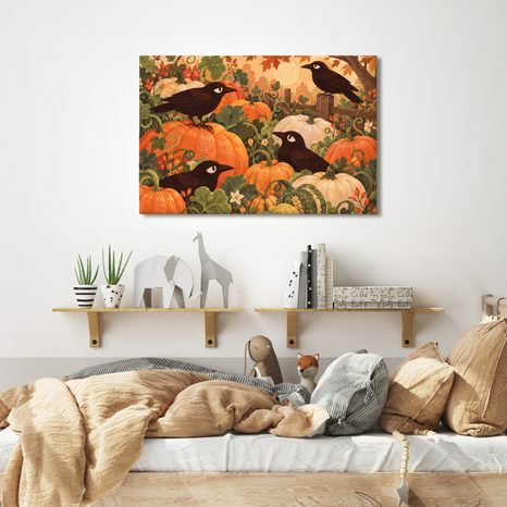 WANDBILD RABEN ZWISCHEN HERBSTLICHEN KÜRBISSEN - HALLOWEEN- UND HORROR-BILDER - BILDER