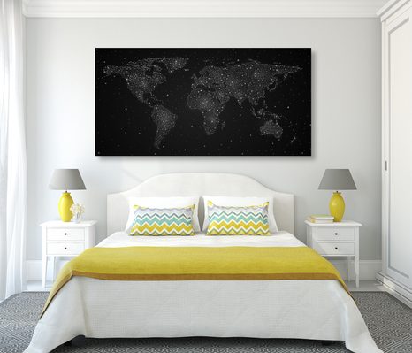 QUADRO SU TELA – MAPPA DEL MONDO CON CIELO NOTTURNO IN BIANCO E NERO - QUADRI MAPPE - STAMPE E QUADRI
