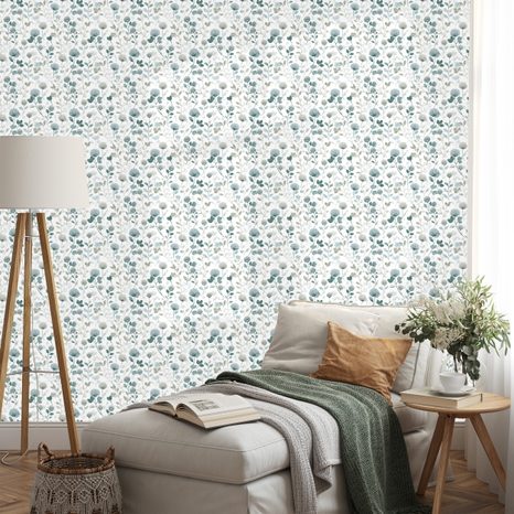 TAPETA JEMNÉ MODRÉ KVĚTY S LISTY - VZOROVANÉ TAPETY - TAPETY