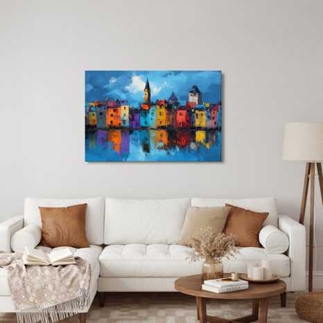 OBRAZ BAREVNÁ MĚSTSKÁ PANORÁMA - BAREVNÉ DOMY - OBRAZY