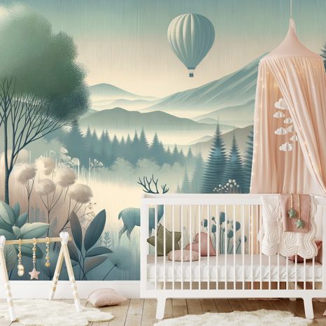 SELBSTKLEBENDE TAPETE WALDLANDSCHAFT MIT HIRSCH UND BALLON - TAPETEN HIRSCHE - TAPETEN