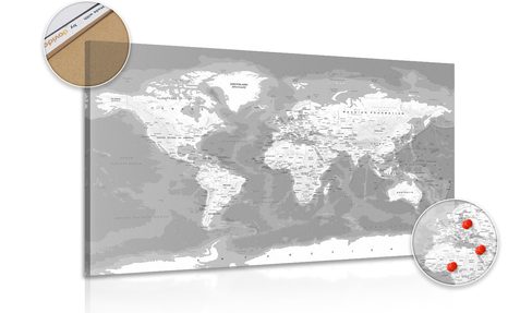 DECORATIVE PINBOARD STYLISH BLACK AND WHITE MAP OF THE WORLD - PICTURES ON CORK - PICTURES