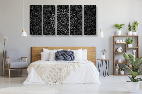5-DÍLNÝ OBRAZ VINTAGE MANDALA V INDICKÉM STYLU V ČERNOBÍLÉM PROVEDENÍ - ČERNOBÍLÉ OBRAZY - OBRAZY