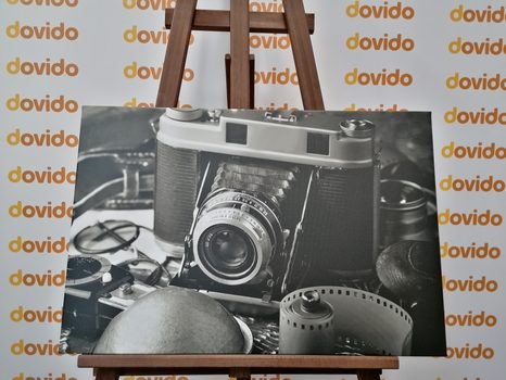 OBRAZ STARÝ FOTOAPARÁT V ČERNOBÍLÉM PROVEDENÍ - ČERNOBÍLÉ OBRAZY - OBRAZY