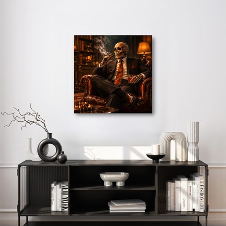 QUADRO SU TELA – ELEGANTE SCHELETRO ACCANTO AL CAMINO - QUADRI HALLOWEEN E HORROR - STAMPE E QUADRI