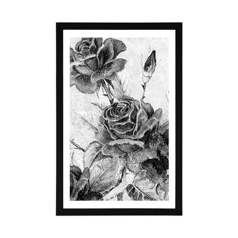 AFFICHE AVEC PASSE-PARTOUT – BOUQUET VINTAGE DE ROSES EN NOIR ET BLANC - NOIR ET BLANC - AFFICHES