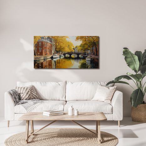 OBRAZ KLIDNÁ PODZIMNÍ ŘEKA S LODĚMI - BAREVNÉ DOMY - OBRAZY