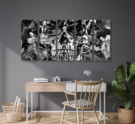 5-DIELNY OBRAZ UMELECKÁ LEBKA V ČIERNOBIELOM PREVEDENÍ - ČIERNOBIELE OBRAZY - OBRAZY