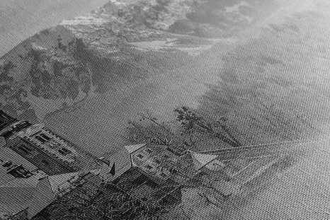 TABLEAU SUR TOILE – ÉGLISE AU LAC BLED EN SLOVÉNIE EN NOIR ET BLANC - TABLEAUX EN NOIR ET BLANC - TABLEAUX