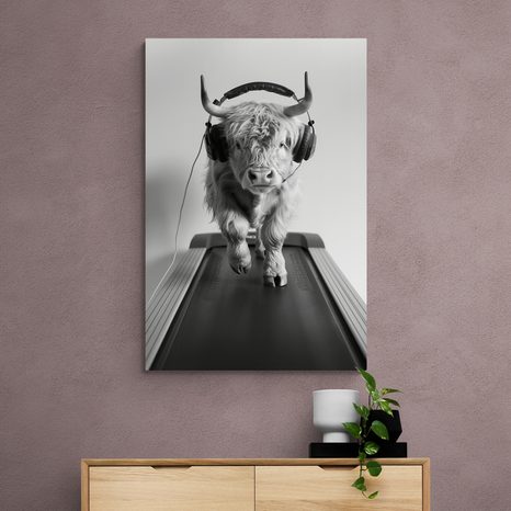 WANDBILD KUH MIT KOPFHÖRERN AUF DEM LAUFBAND - WANDBILDER BÜFFEL UND KÜHE - BILDER