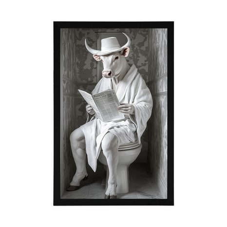 PLAGÁT BIELY BÝK S NOVINAMI NA ZÁCHODE - BYVOLY A KRAVY - PLAGÁTY