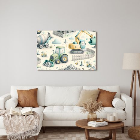 WANDBILD FRÖHLICHE BAUSTELLENFAHRZEUGE - KINDERBILDER VERKEHRSMITTEL - BILDER