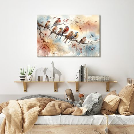 QUADRO SU TELA – STORMO DI UCCELLI SUL RAMO - QADRI DI UCCELLI - STAMPE E QUADRI