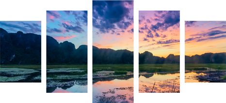 5-DÍLNÝ OBRAZ ROMANTICKÝ ZÁPAD SLUNCE V HORÁCH - OBRAZY PŘÍRODY A KRAJINY - OBRAZY