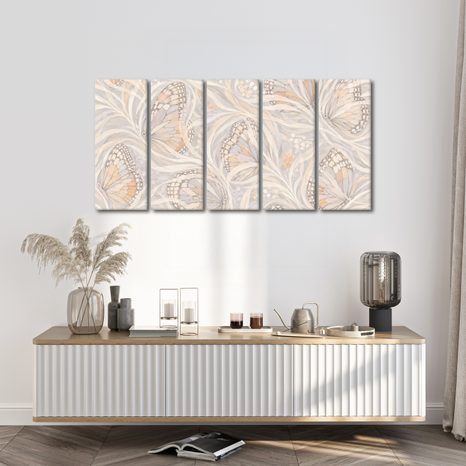 TABLEAU EN 5 PARTIES – DÉLICATS PAPILLONS DANS UNE TOILE D’ARAIGNÉE - TABLEAUX PAPILLONS - TABLEAUX
