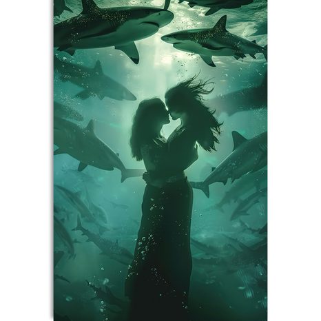 WANDBILD UMARMUNG VON FRAUEN UNTER HAIEN - DOVIDO CHALLENGE - BILDER