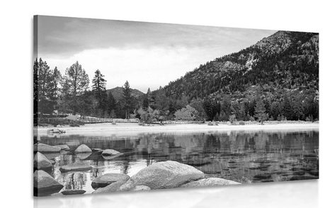 CANVAS PRINT A LAKE IN BEAUTIFUL NATURE IN BLACK AND WHITE - BLACK AND WHITE PICTURES - PICTURES