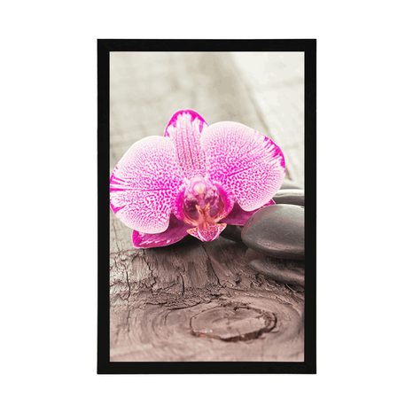 POSTER WITH MOUNT ORCHID AND ZEN STONES ON A WOODEN BACKGROUND - FLOWERS - POSTERS