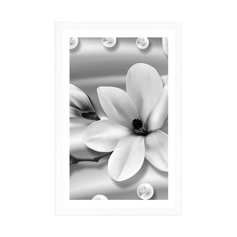 POSTER MIT PASSEPARTOUT LUXURIÖSE MAGNOLIE MIT PERLEN IN SCHWARZ-WEISS - SCHWARZ-WEISS - POSTER