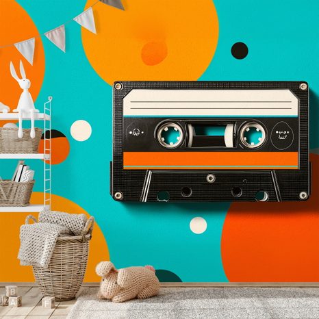 SELBSTKLEBENDE FOTOTAPETE RETRO-KASSETTE AUF BUNTEN KREISEN - MUSIK FOTOTAPETEN - TAPETEN
