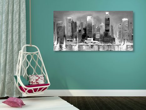 OBRAZ NADMORSKIE MIASTO W WERSJI CZARNO-BIAŁEJ - OBRAZY CZARNO-BIAŁE - OBRAZY