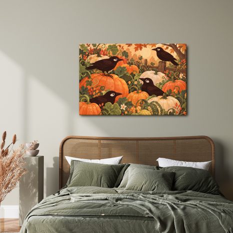 WANDBILD RABEN ZWISCHEN HERBSTLICHEN KÜRBISSEN - HALLOWEEN- UND HORROR-BILDER - BILDER