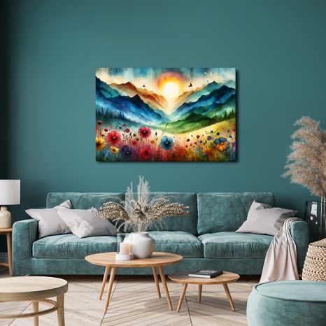 WANDBILD BERGE IN REGENBOGENFARBEN MIT WIESE - WANDBILDER FELDER UND WIESEN - BILDER