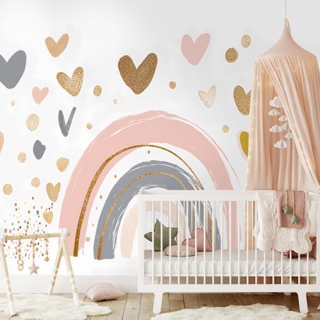 TAPETE PASTELLREGENBOGEN UND HERZEN - KINDERTAPETEN - TAPETEN