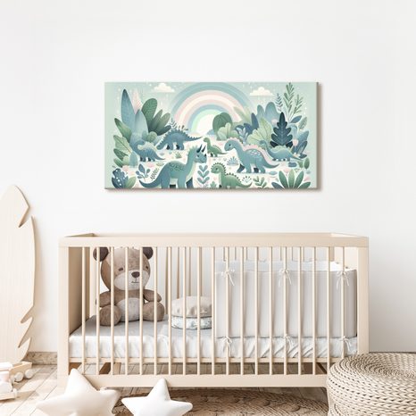 SLIKA DINOZAVRSKA POKRAJINA POD PASTELNO MAVRICO - OTROŠKE SLIKE ŽIVALI - SLIKE