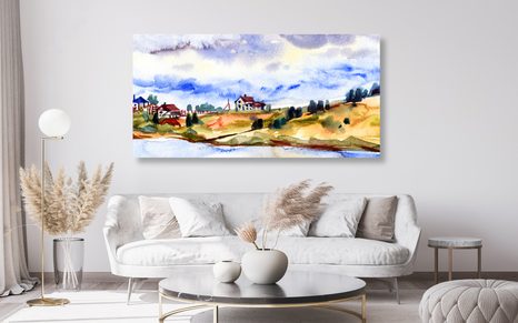 QUADRO SU TELA – VILLAGGIO ACQUERELLATO - QUADRI DI NATURA E PAESAGGIO - STAMPE E QUADRI