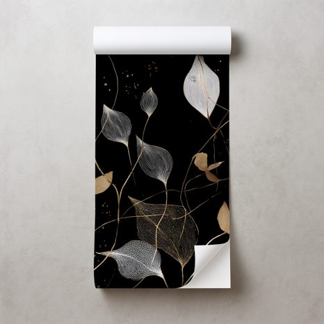 SAMOLEPIACA FOTOTAPETA ZLATÉ A BIELE LISTY NA ČIERNEJ - TAPETY LISTY - TAPETY