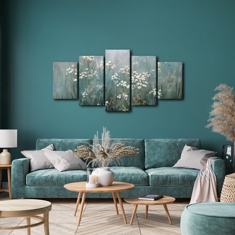 5-TEILIGES WANDBILD BLUMENFELD IM NEBEL - BILDER BLUMEN - BILDER
