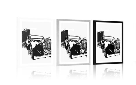 PLAKAT S PASPARTUOM CRNO-BIJELI RETRO AUTOMOBIL S APSTRAKCIJOM - CRNO-BIJELE - PLAKATI
