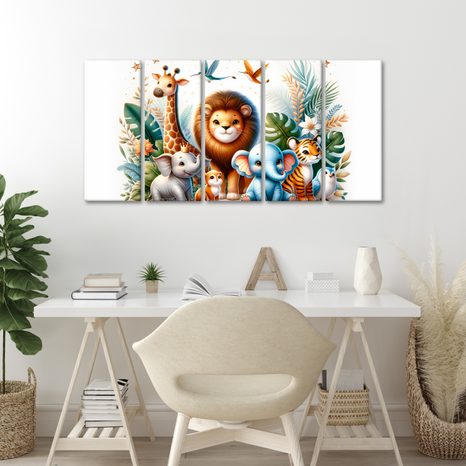 5-DÍLNÝ OBRAZ ZVÍŘECÍ PŘÁTELÉ V DŽUNGLI - DĚTSKÉ OBRAZY ZVÍŘÁTKA - OBRAZY