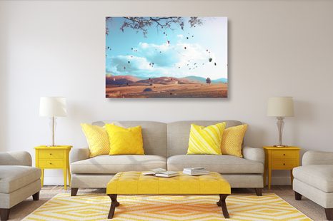 WANDBILD FALLENDES LAUB IN DER HERBSTLANDSCHAFT - WANDBILDER FELDER UND WIESEN - BILDER