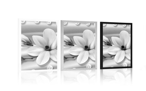 PLAKÁT LUXUSNÍ MAGNOLIE S PERLAMI V ČERNOBÍLÉM PROVEDENÍ - ČERNOBÍLÉ - PLAKÁTY