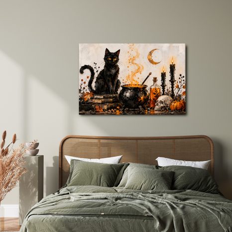 QUADRO SU TELA – GATTO NERO E MAGIA - QUADRI HALLOWEEN E HORROR - STAMPE E QUADRI