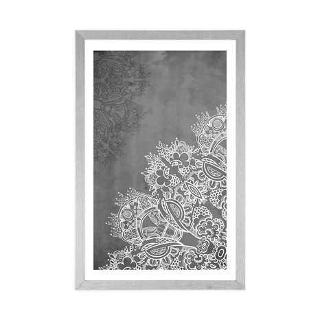 PLAKÁT S PASPARTOU PRVKY KVĚTINOVÉ MANDALY V ČERNOBÍLÉM PROVEDENÍ - FENG SHUI - PLAKÁTY