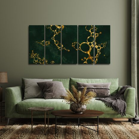 5-TEILIGES WANDBILD SMARAGDGRÜNE ABSTRAKTION MIT GOLD - WANDBILDER ABSTRAKTE FORMEN - BILDER