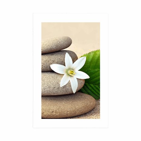 POSTER WITH MOUNT WHITE FLOWER AND STONES IN THE SAND - FENG SHUI - POSTERS