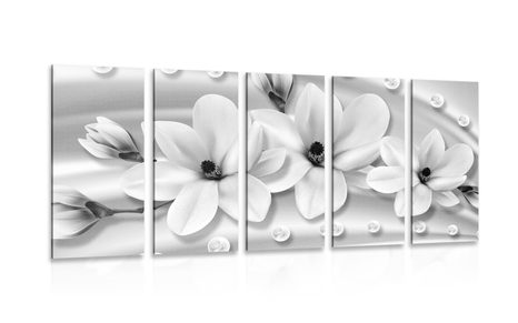 5-PIECE CANVAS PRINT LUXURIOUS MAGNOLIA WITH PEARLS IN BLACK AND WHITE - BLACK AND WHITE PICTURES - PICTURES