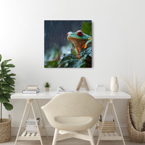 WANDBILD REGENTROPFEN AUF EINEM FROSCHBLATT - BILDER TIERE - BILDER